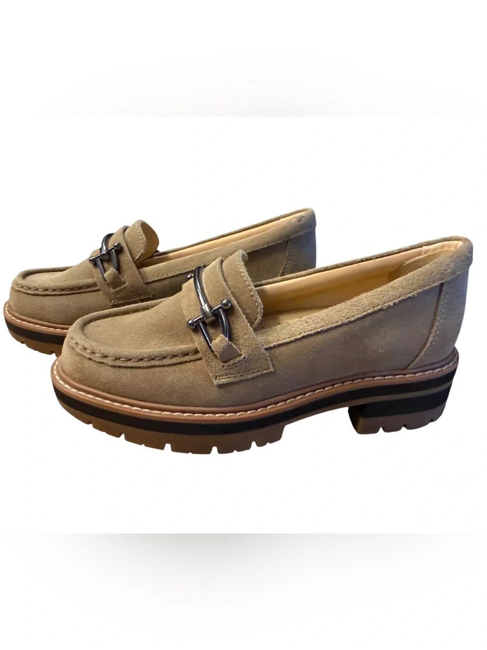 Clark’s Taupe Suede Women's Size 6 Lug Sole Loafers with Metal Bit